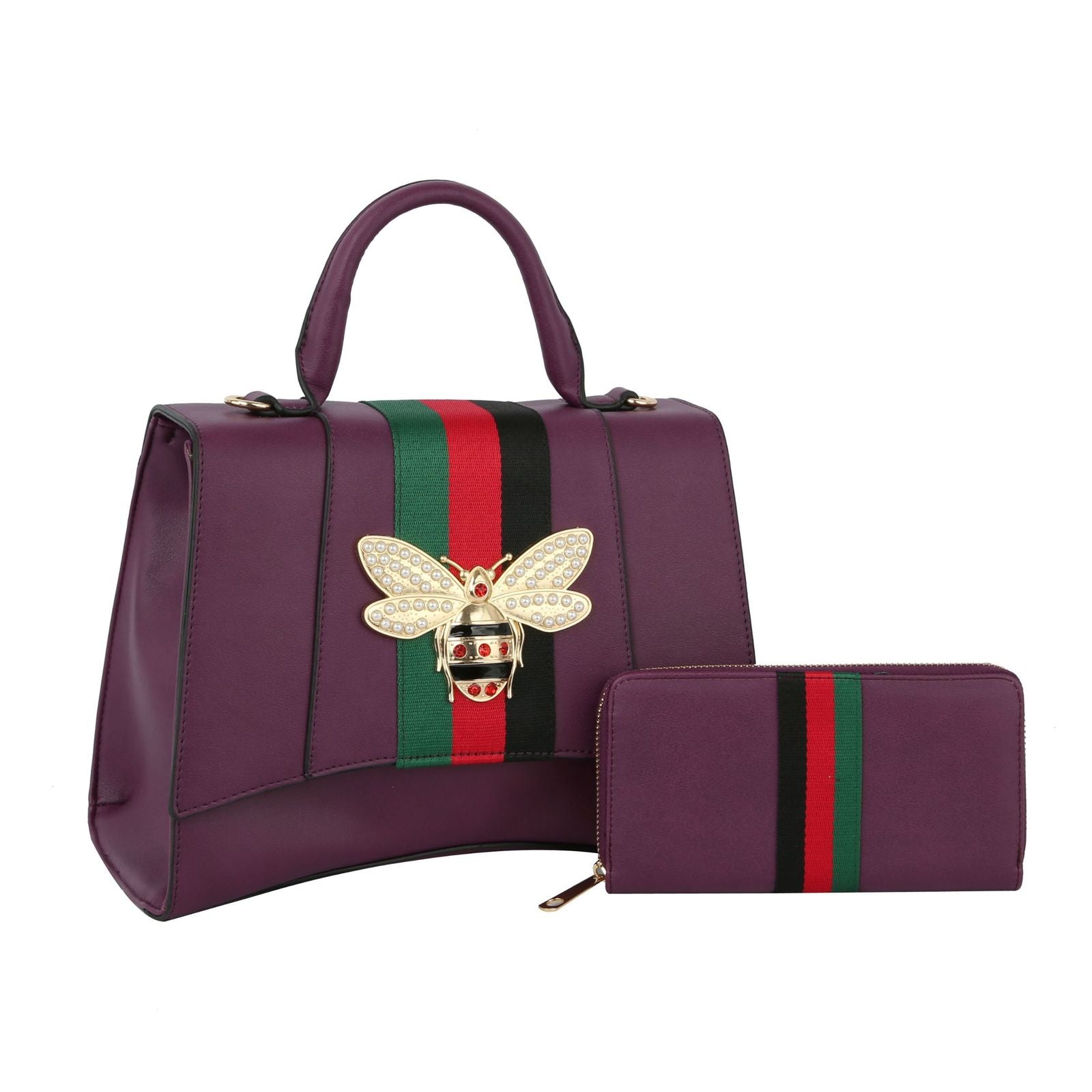 Satchel Purple Bee Stripe Flap Handbag Wallet Set