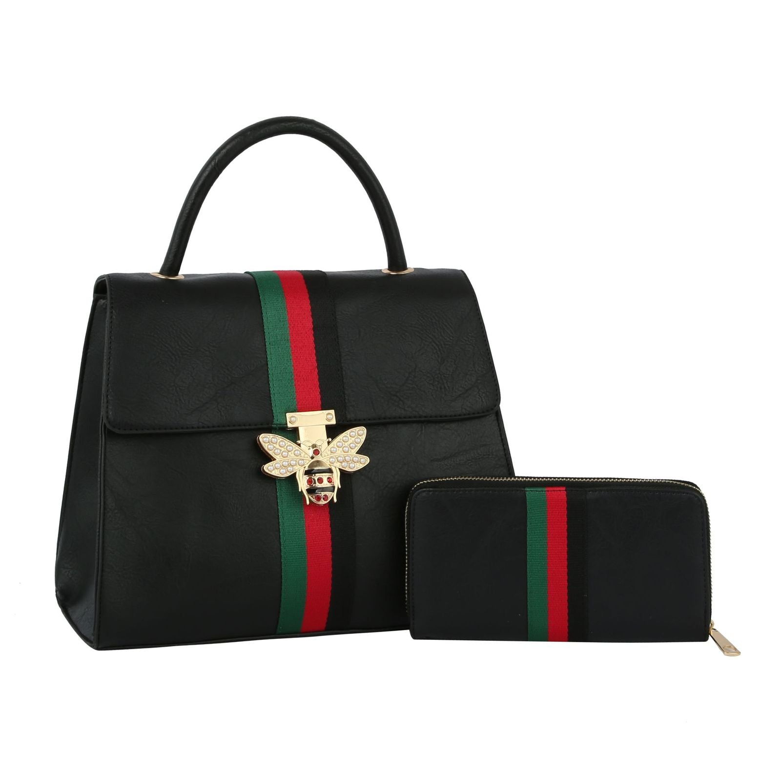 Satchel Soft Black Bee and Stripe Handbag Set