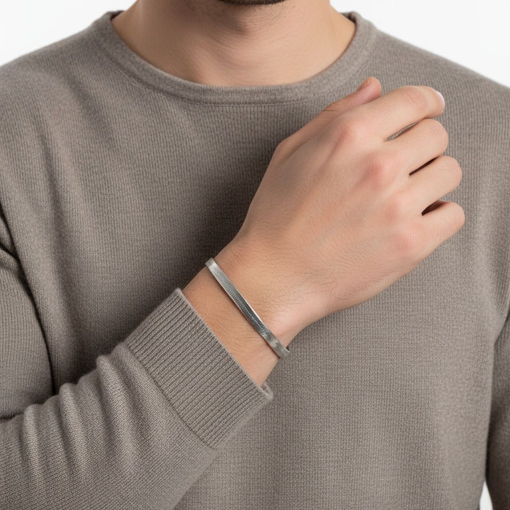 Mens 5.5mm Silver Steel Herringbone Chain Bracelet