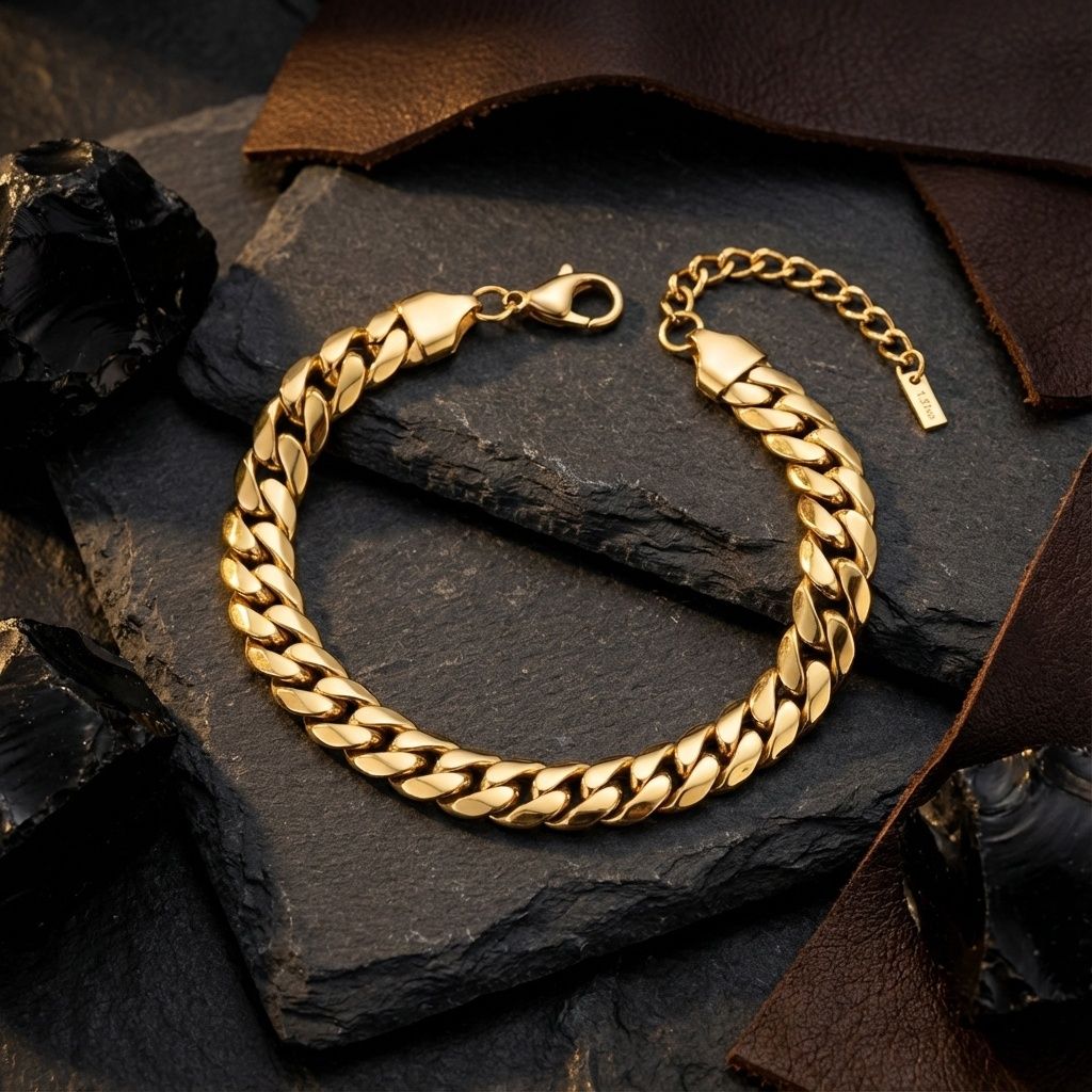 Mens 8mm Gold 18K Steel Miami Chain Bracelet