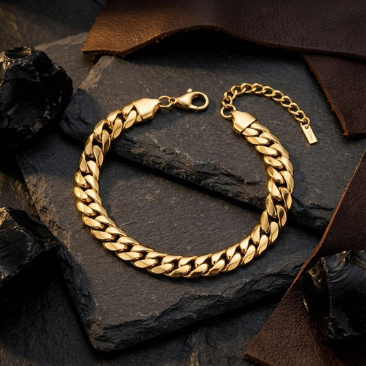 Mens 8mm Gold 18K Steel Miami Chain Bracelet