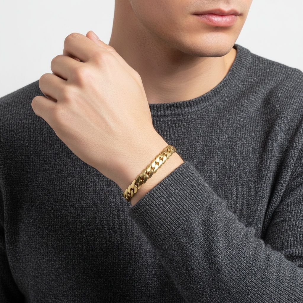 Mens 8mm Gold 18K Steel Miami Chain Bracelet