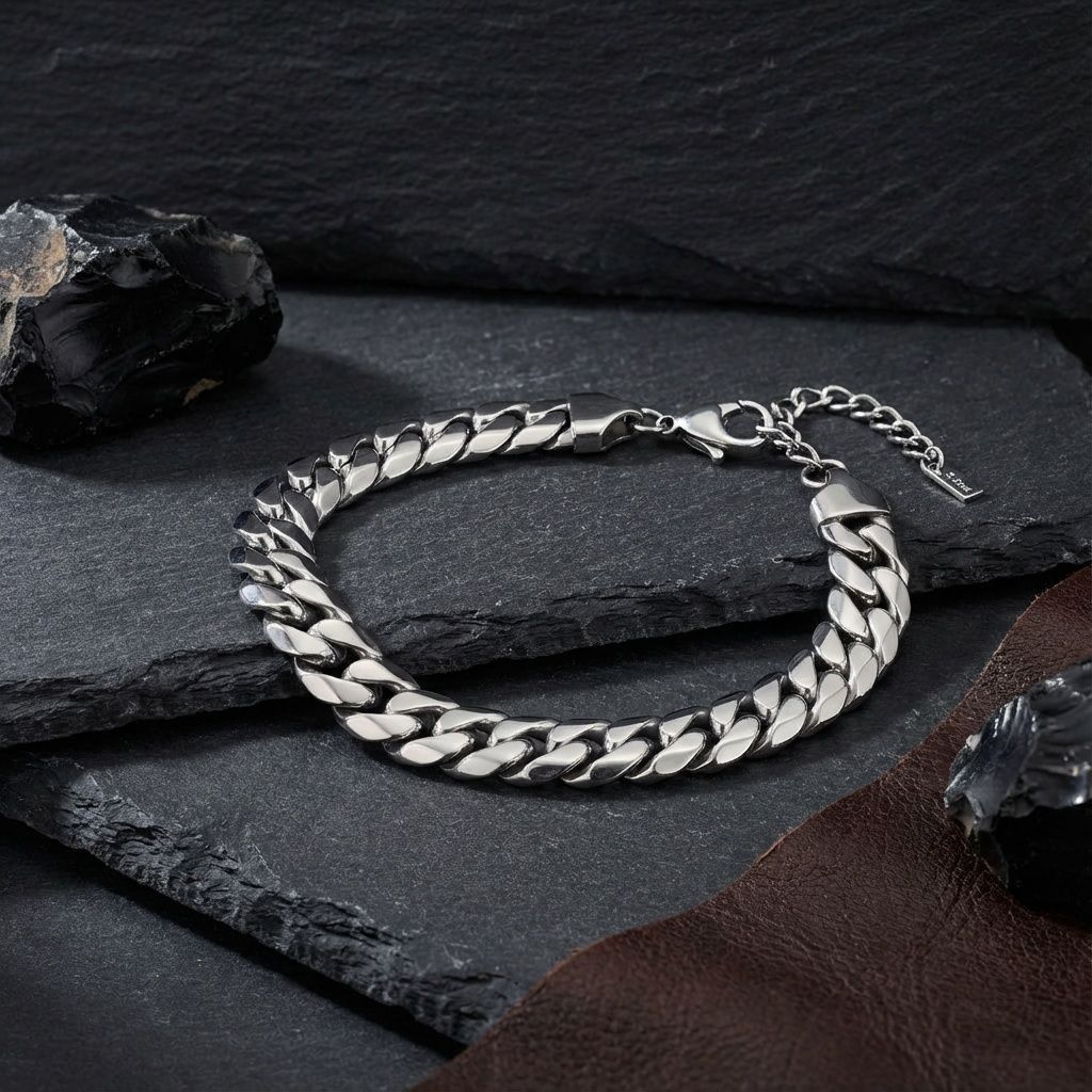 Mens 8mm Silver Steel Miami Chain Bracelet