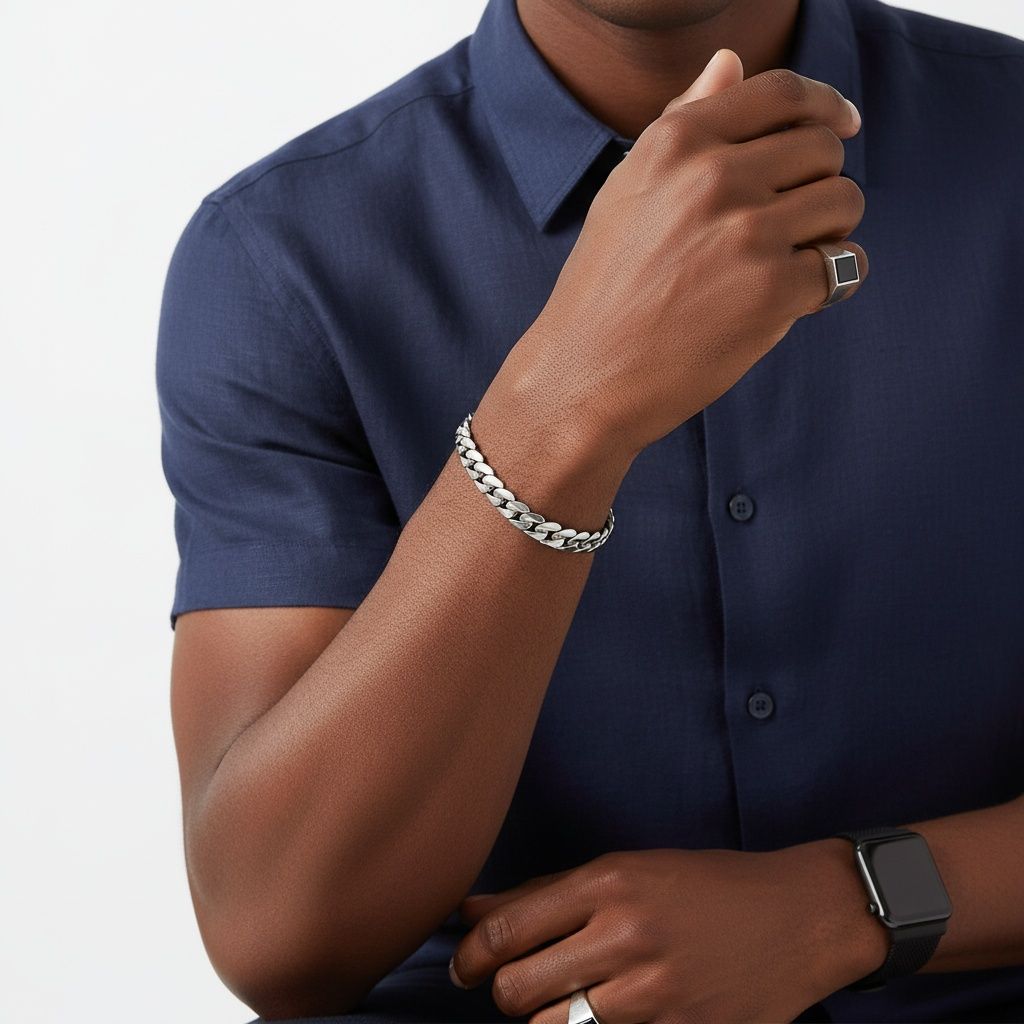 Mens 8mm Silver Steel Miami Chain Bracelet