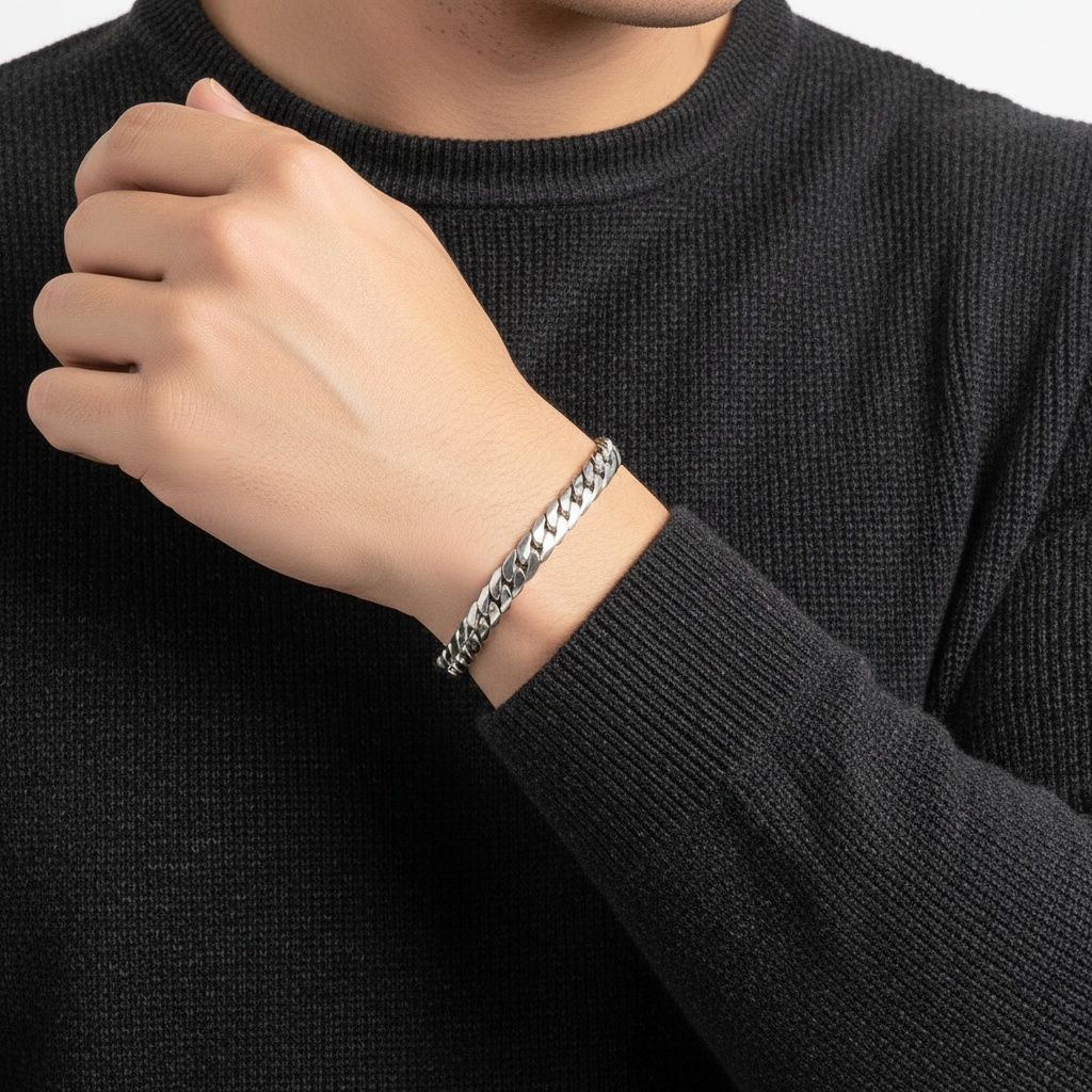 Mens 8mm Silver Steel Miami Chain Bracelet