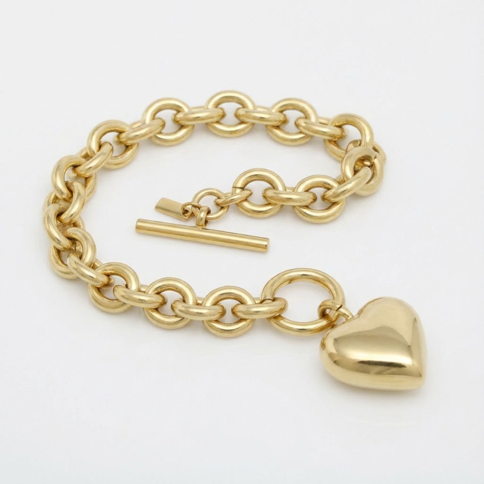 Gold 18K Steel Toggle Heart Rolo Chain Bracelet
