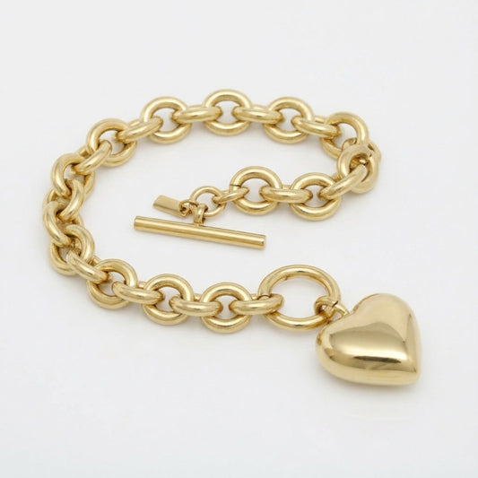 Gold 18K Steel Toggle Heart Rolo Chain Bracelet