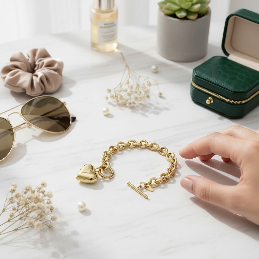 Gold 18K Steel Toggle Heart Rolo Chain Bracelet