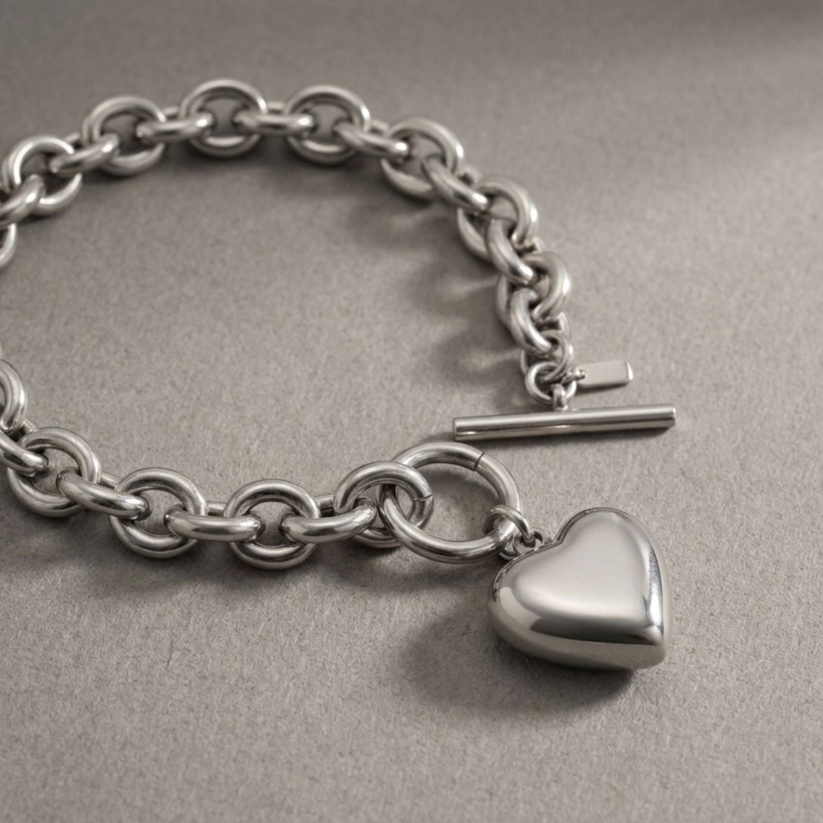 Silver Steel Toggle Heart Rolo Chain Bracelet
