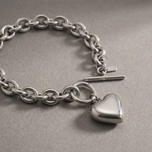 Silver Steel Toggle Heart Rolo Chain Bracelet