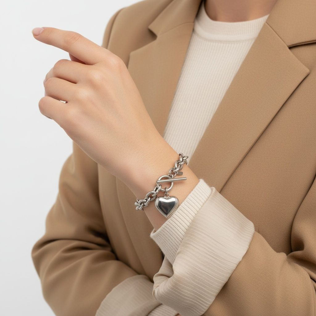 Silver Steel Toggle Heart Rolo Chain Bracelet