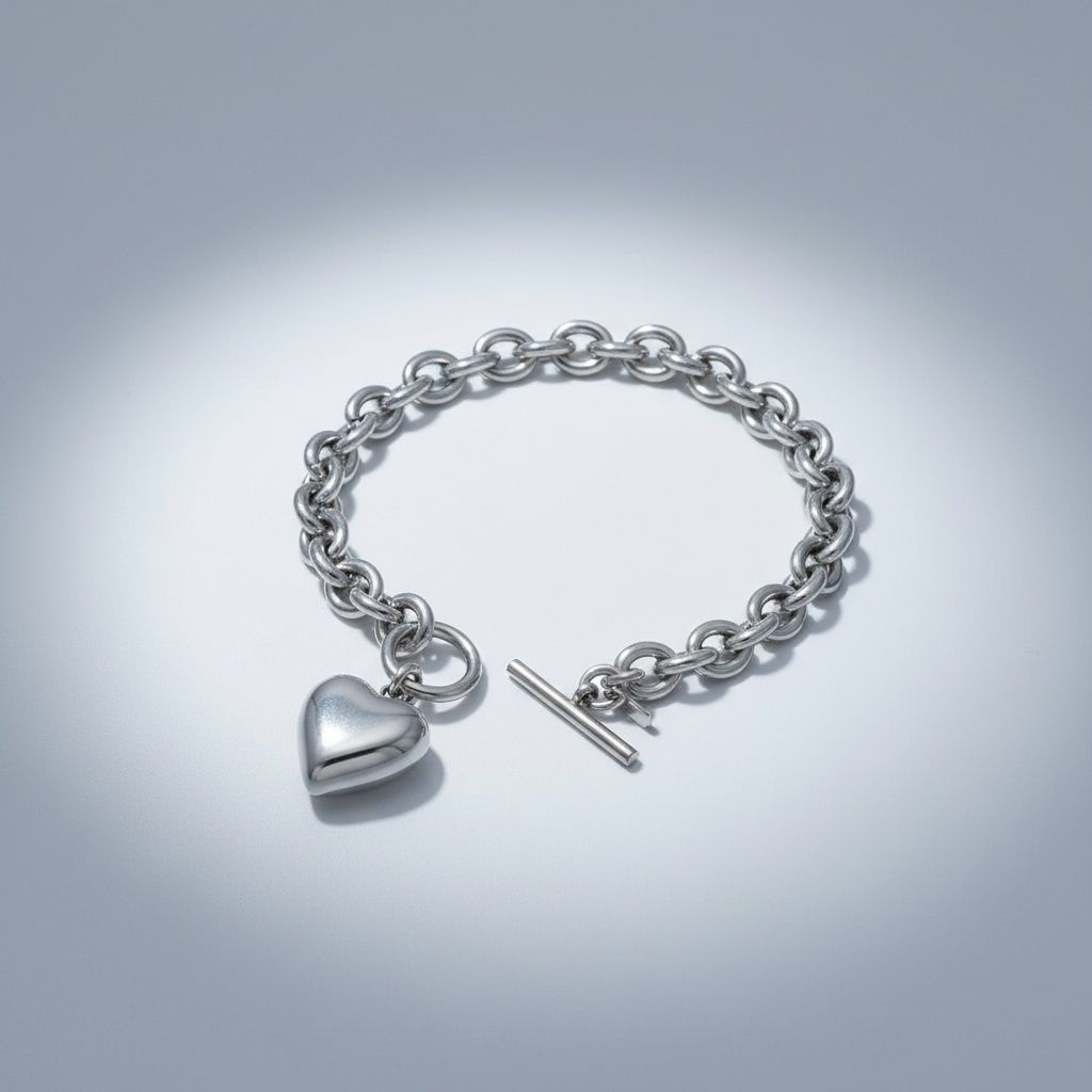 Silver Steel Toggle Heart Rolo Chain Bracelet