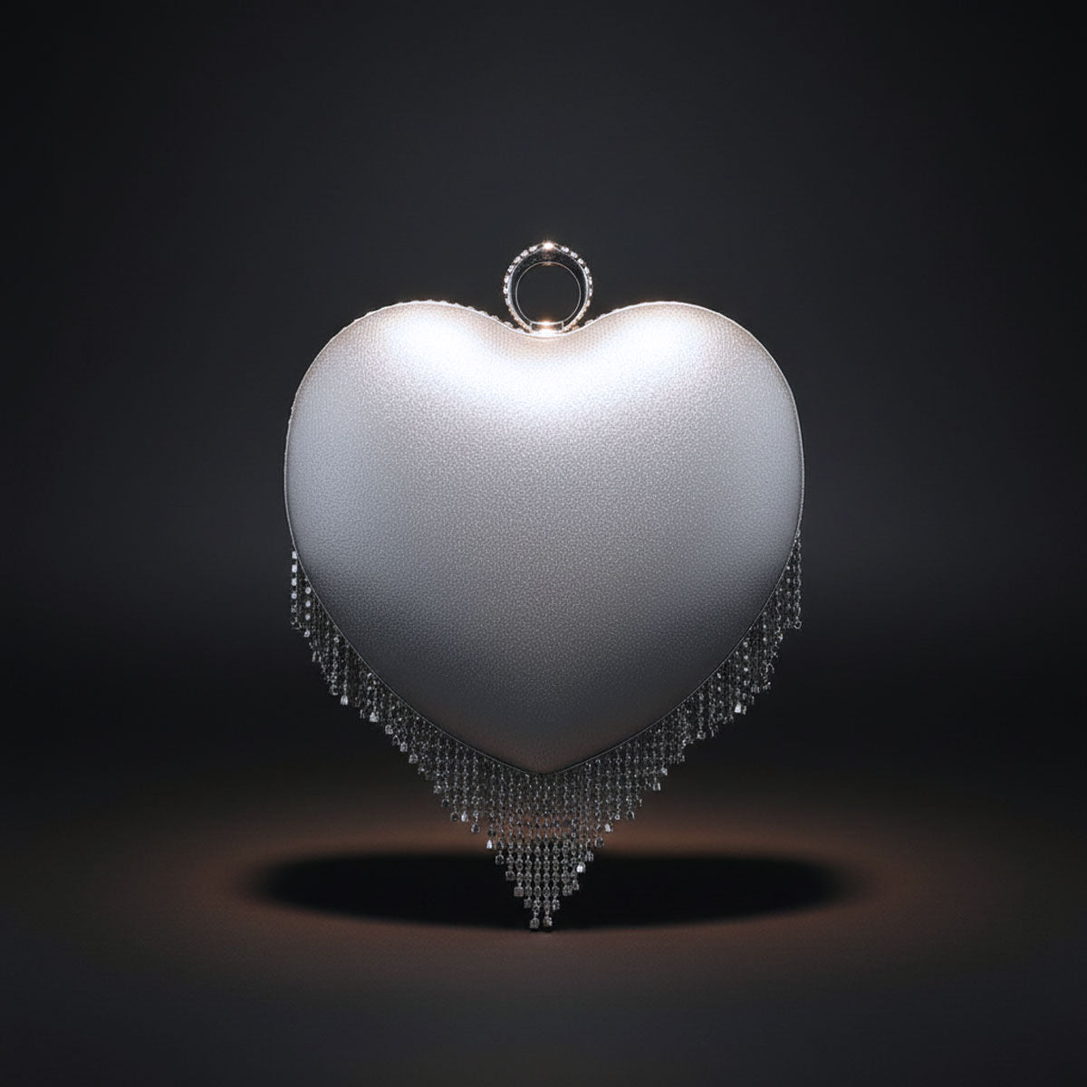 Clutch Silver Rhinestone Fringe Heart Hardcase Bag