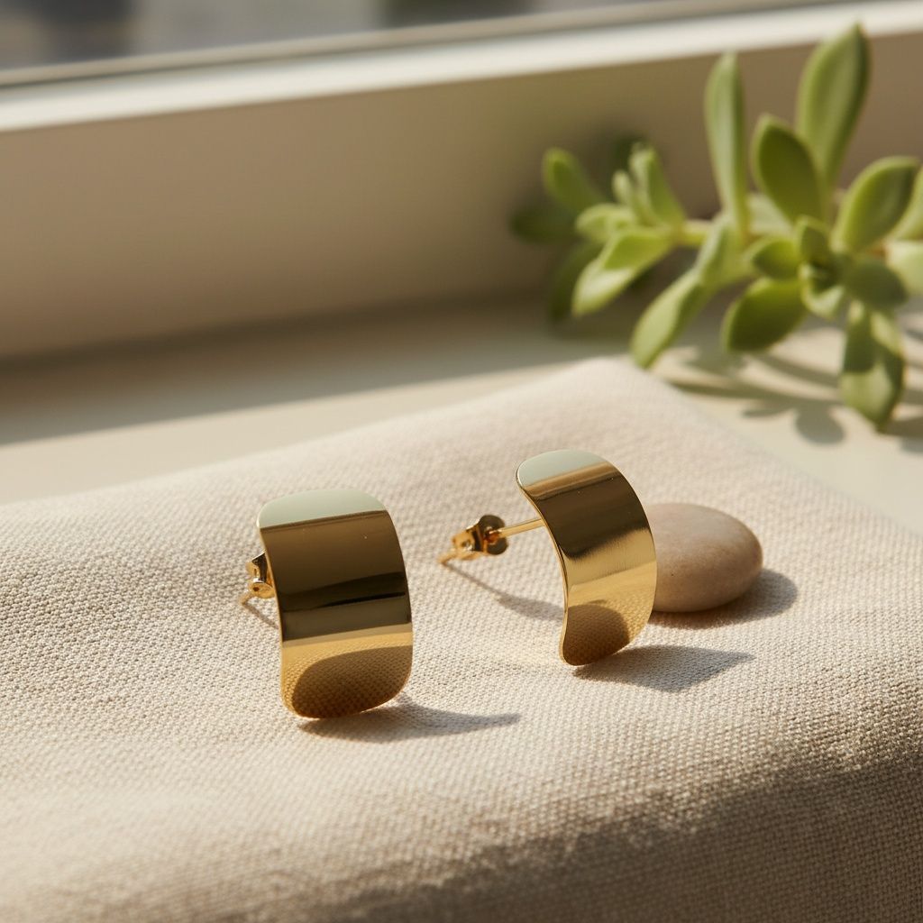 18K Gold Steel Curved Rectangle Disc Stud Earrings