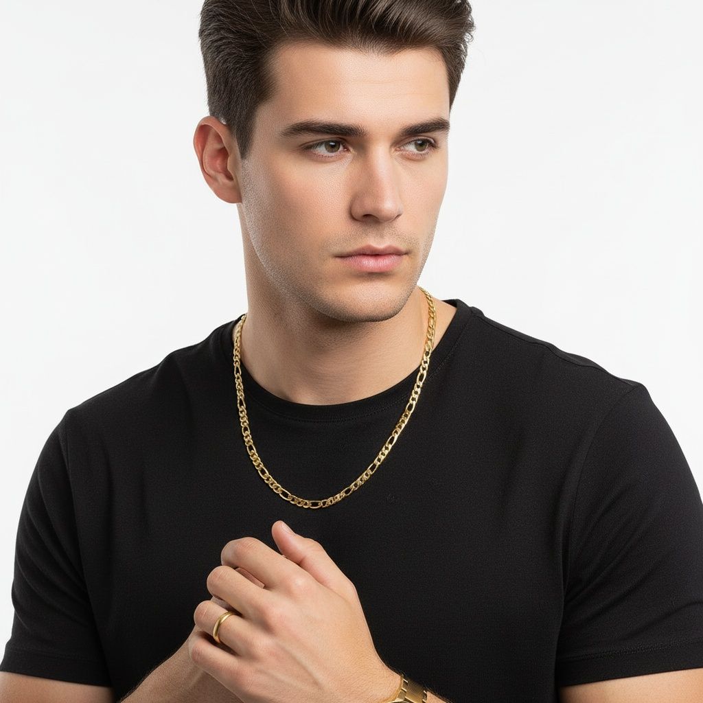 Mens 20in 7mm Gold 18K Stainless Steel Figaro Chain