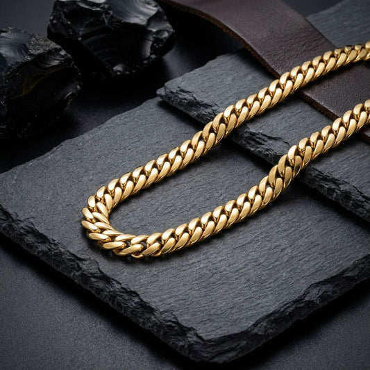 Mens 24in 8mm Gold 18K Stainless Steel Miami Chain