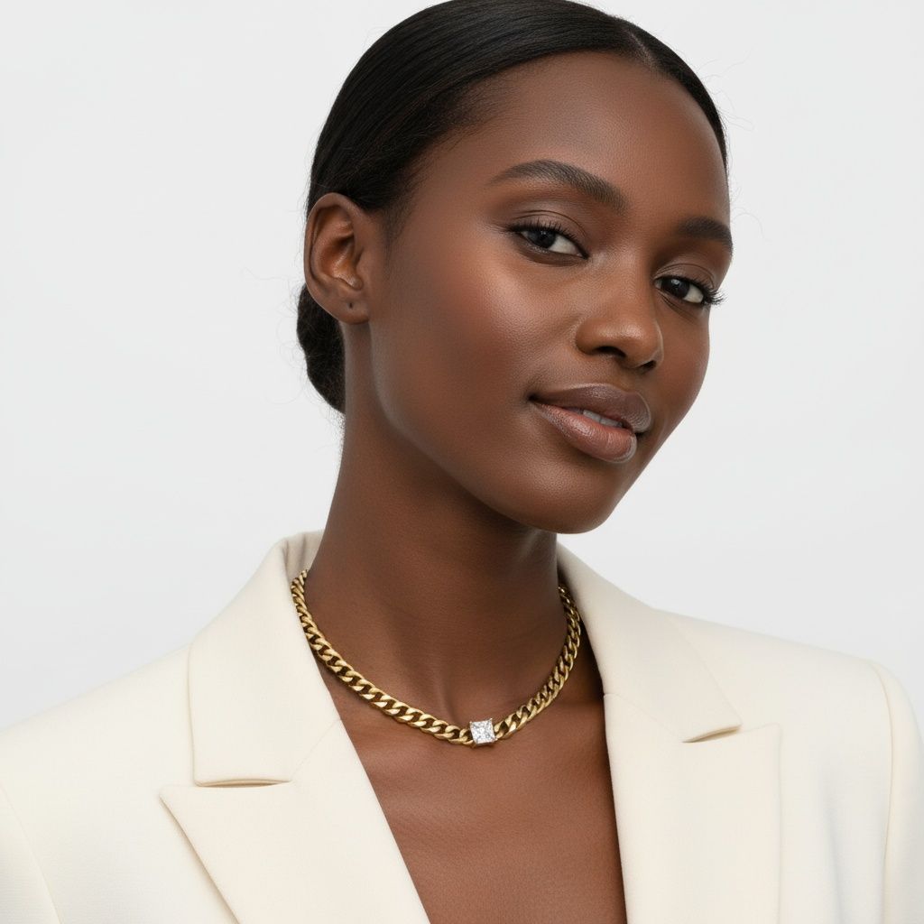 Gold 18K Steel Princess CZ Cuban Chain Necklace