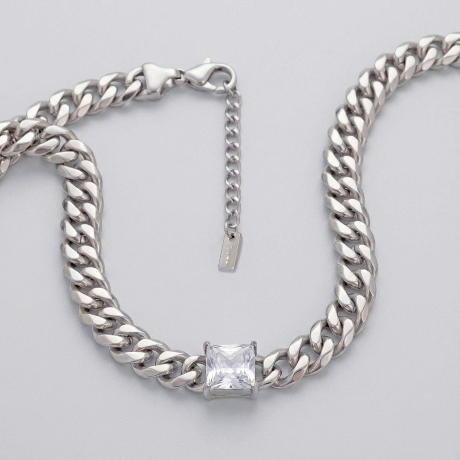 Silver Steel Princess CZ Cuban Chain Necklace