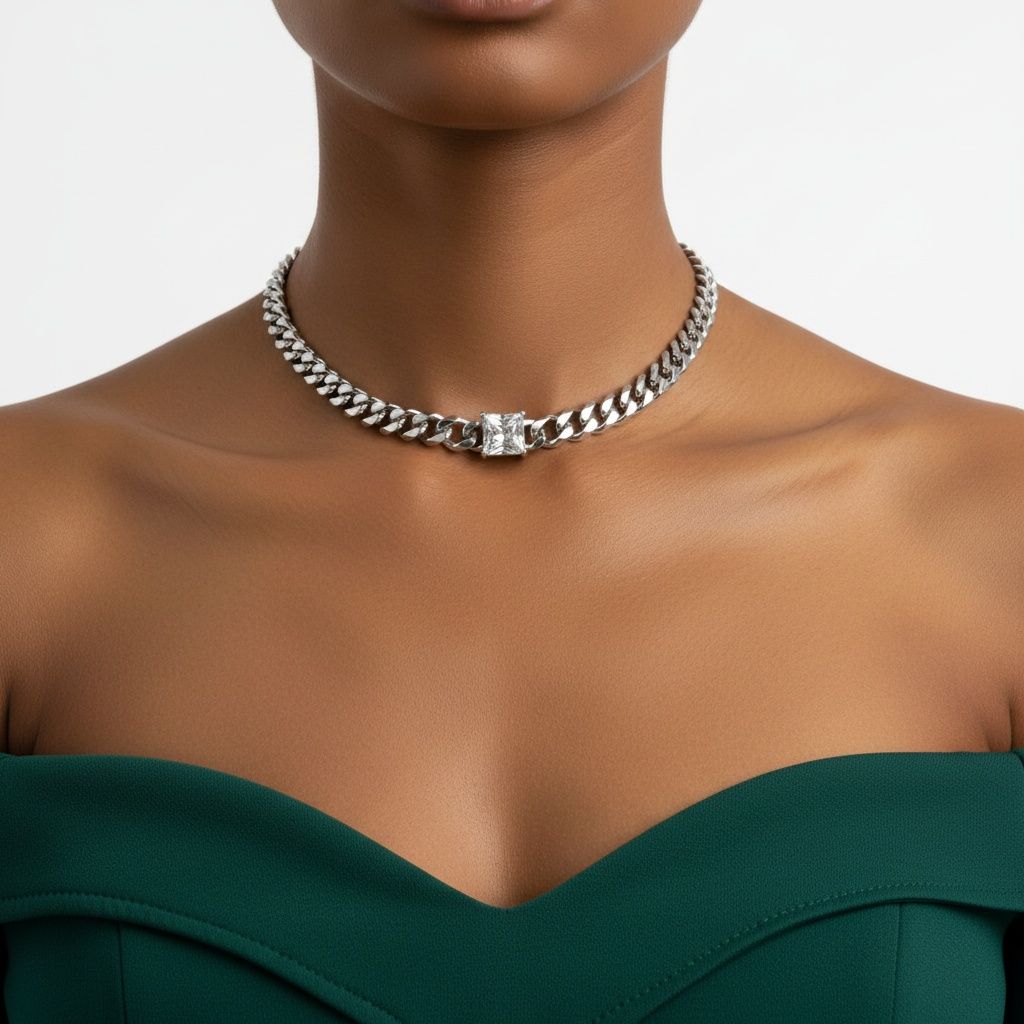 Silver Steel Princess CZ Cuban Chain Necklace