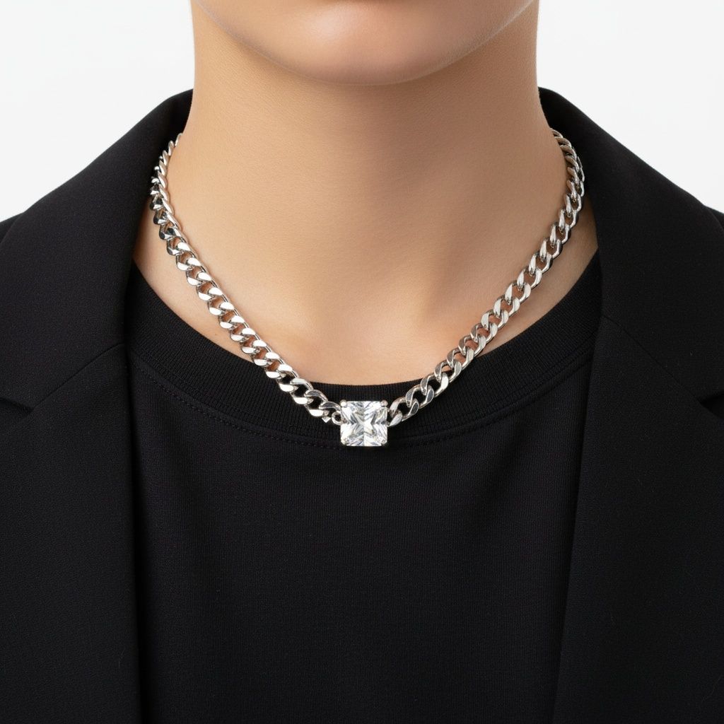 Silver Steel Princess CZ Cuban Chain Necklace