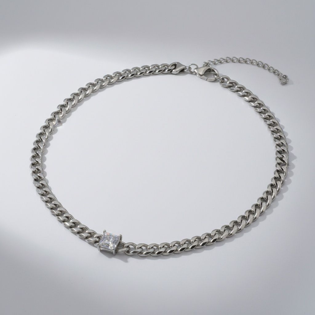 Silver Steel Princess CZ Cuban Chain Necklace