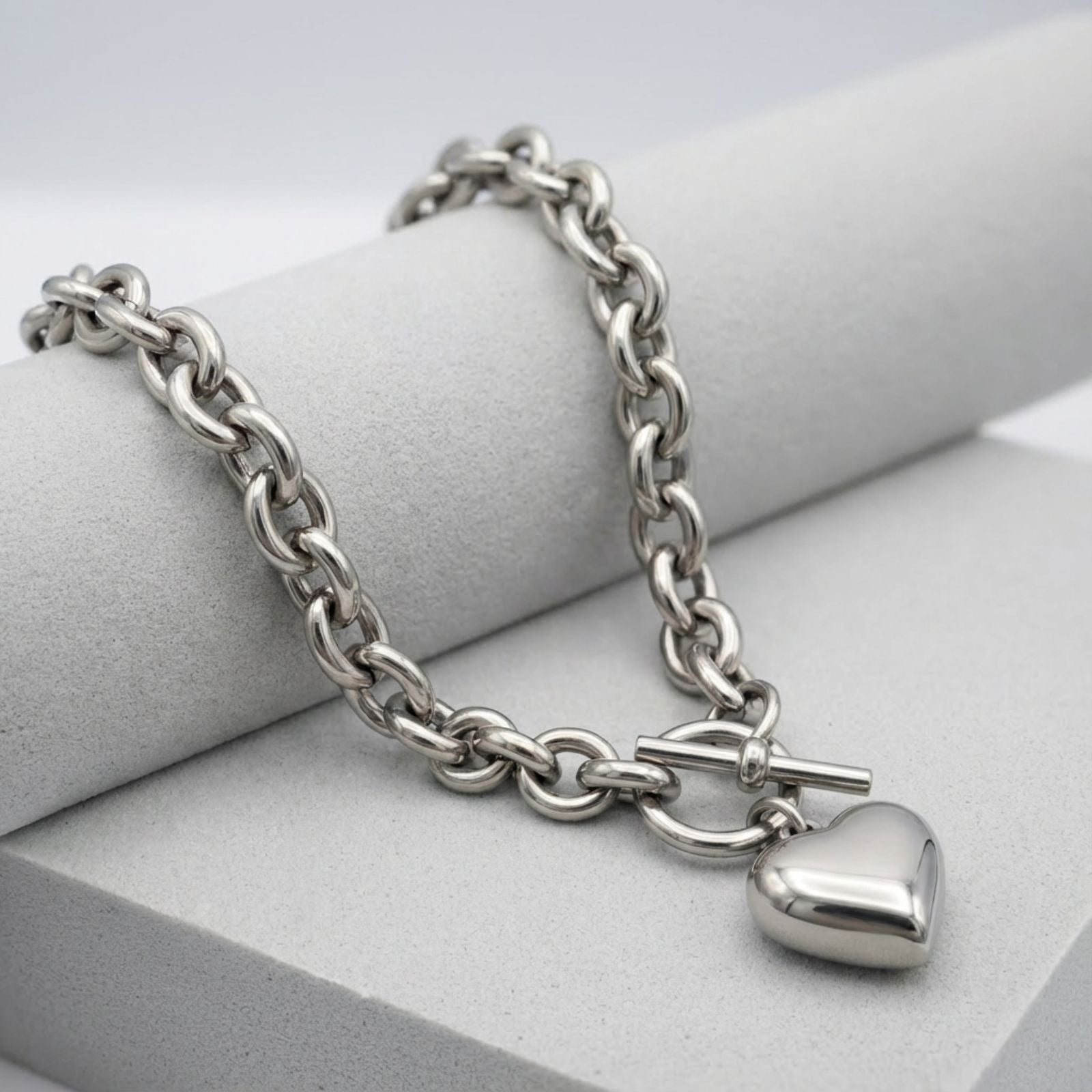 Silver Steel Toggle Heart Rolo Chain Necklace