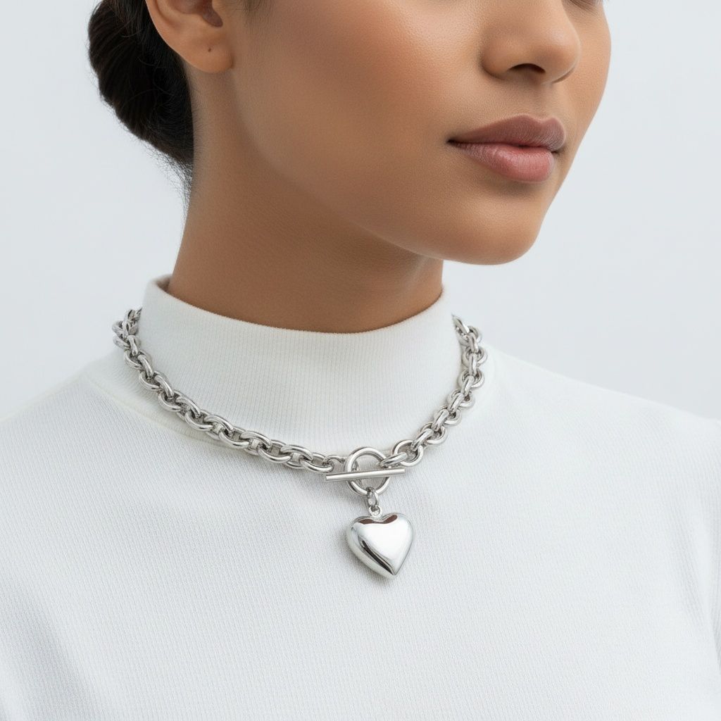 Silver Steel Toggle Heart Rolo Chain Necklace