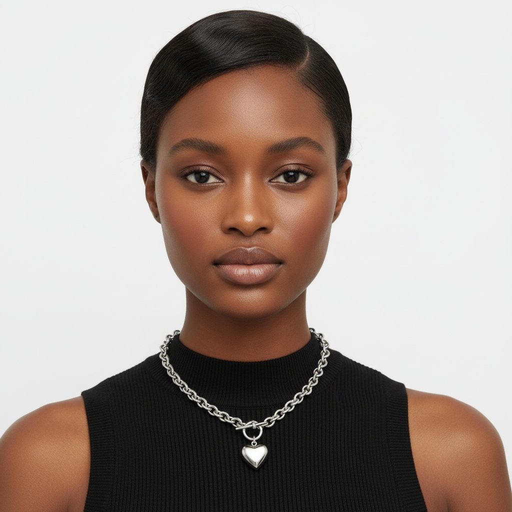 Silver Steel Toggle Heart Rolo Chain Necklace