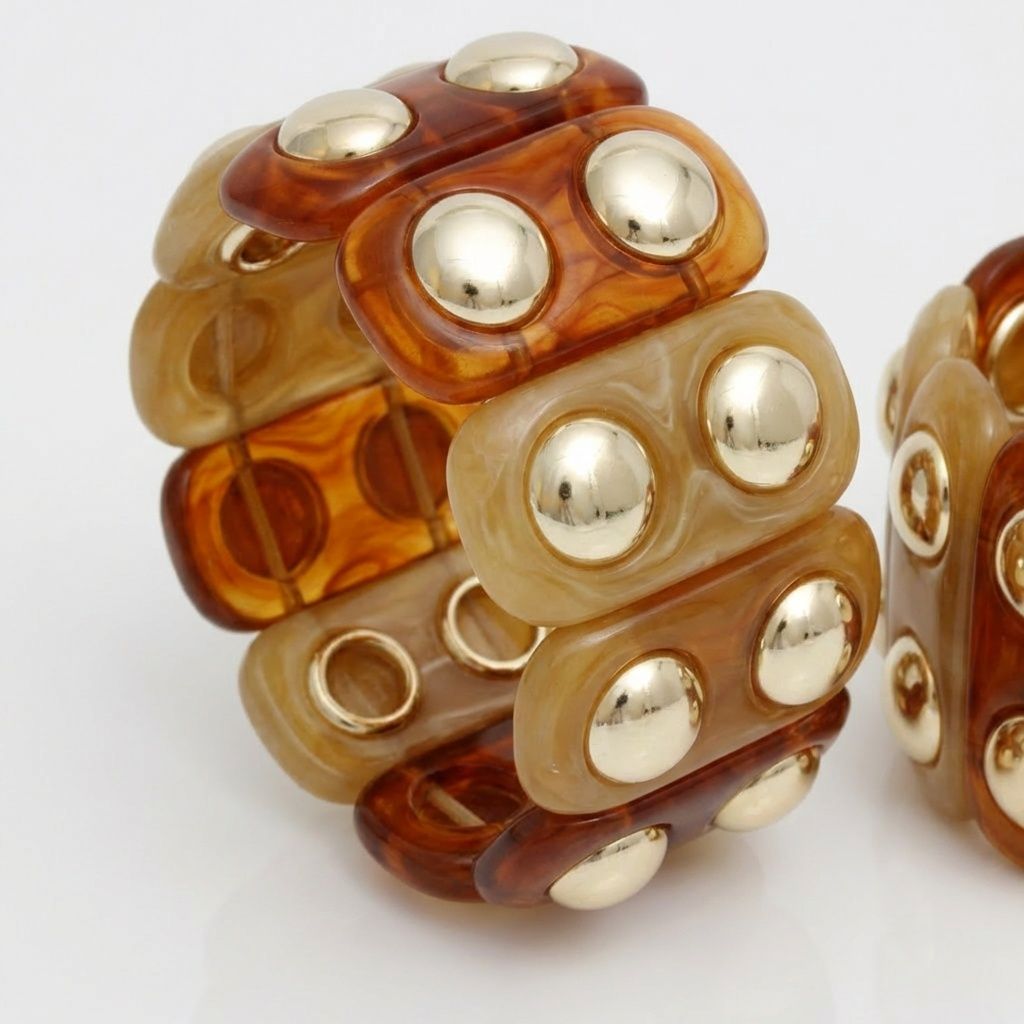 Stretch Vintage Brown Resin and Gold Stud Bracelet