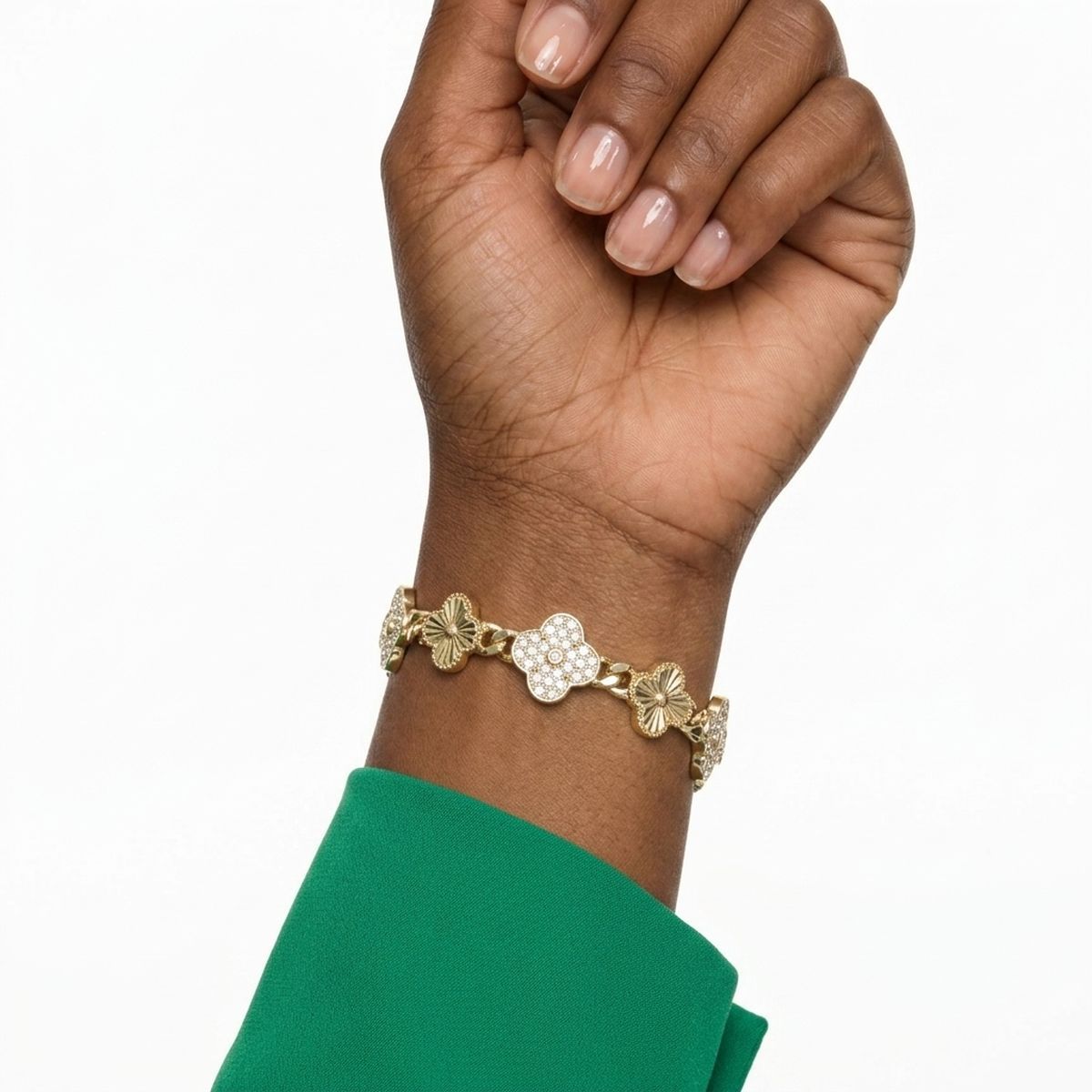 Chain Gold Quatrefoil Clover Link CZ Bracelet