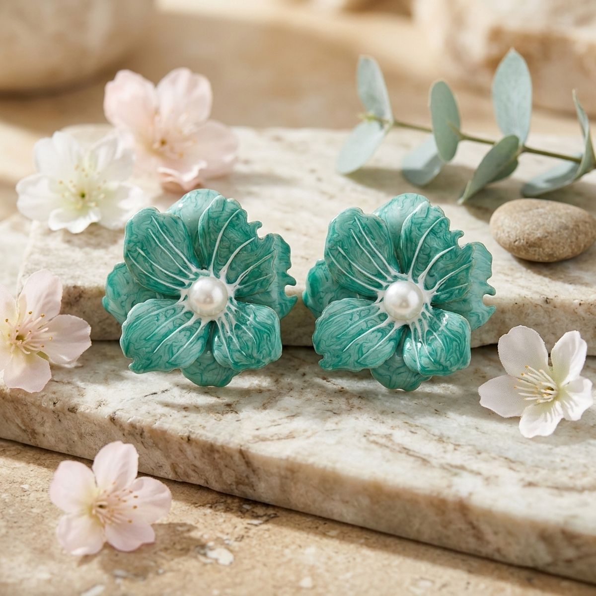 Green Oversized Stud Painted Petal Flower Earrings