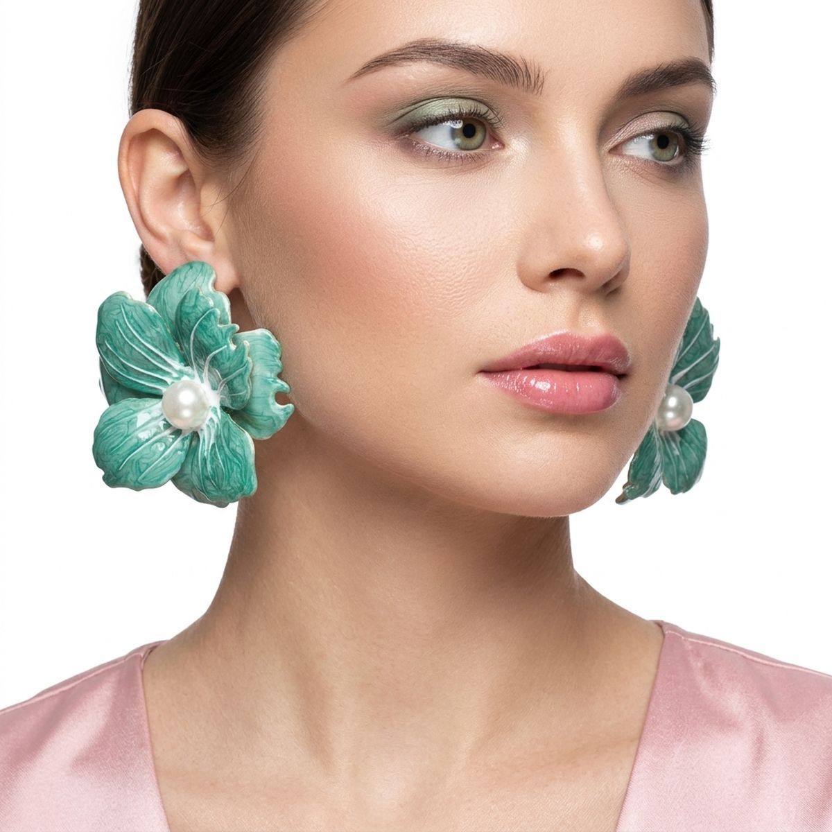 Green Oversized Stud Painted Petal Flower Earrings