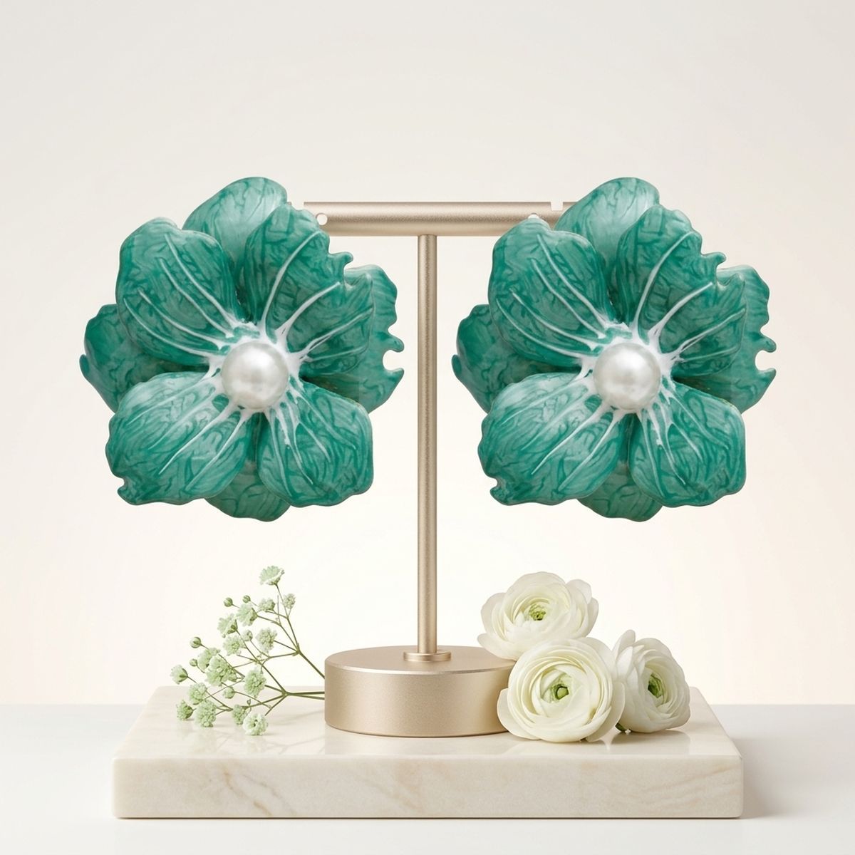 Green Oversized Stud Painted Petal Flower Earrings