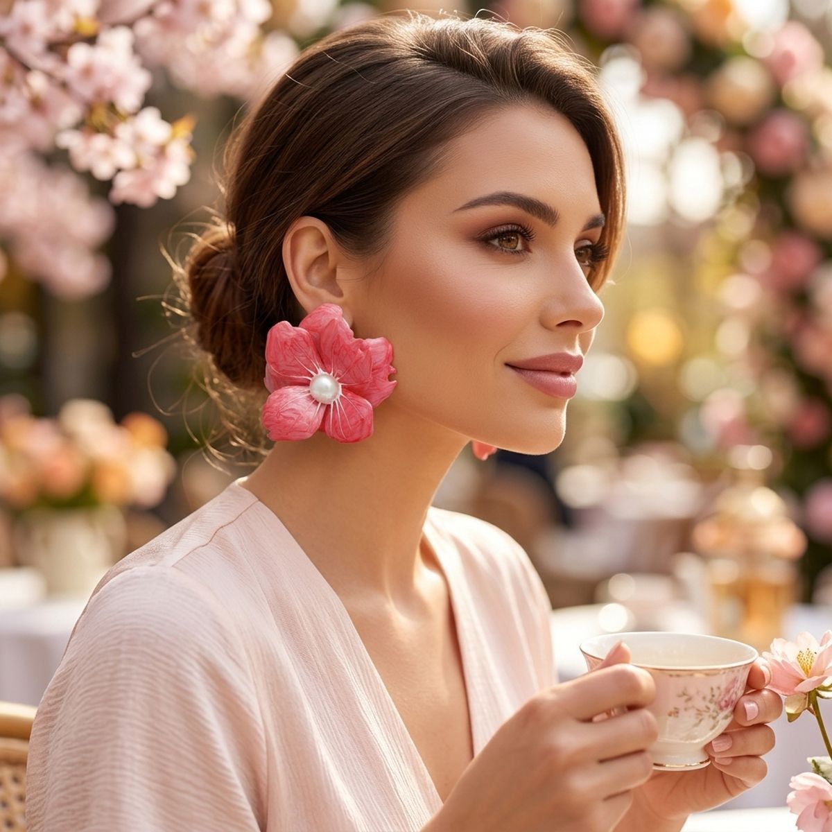Pink Oversized Stud Painted Petal Flower Earrings