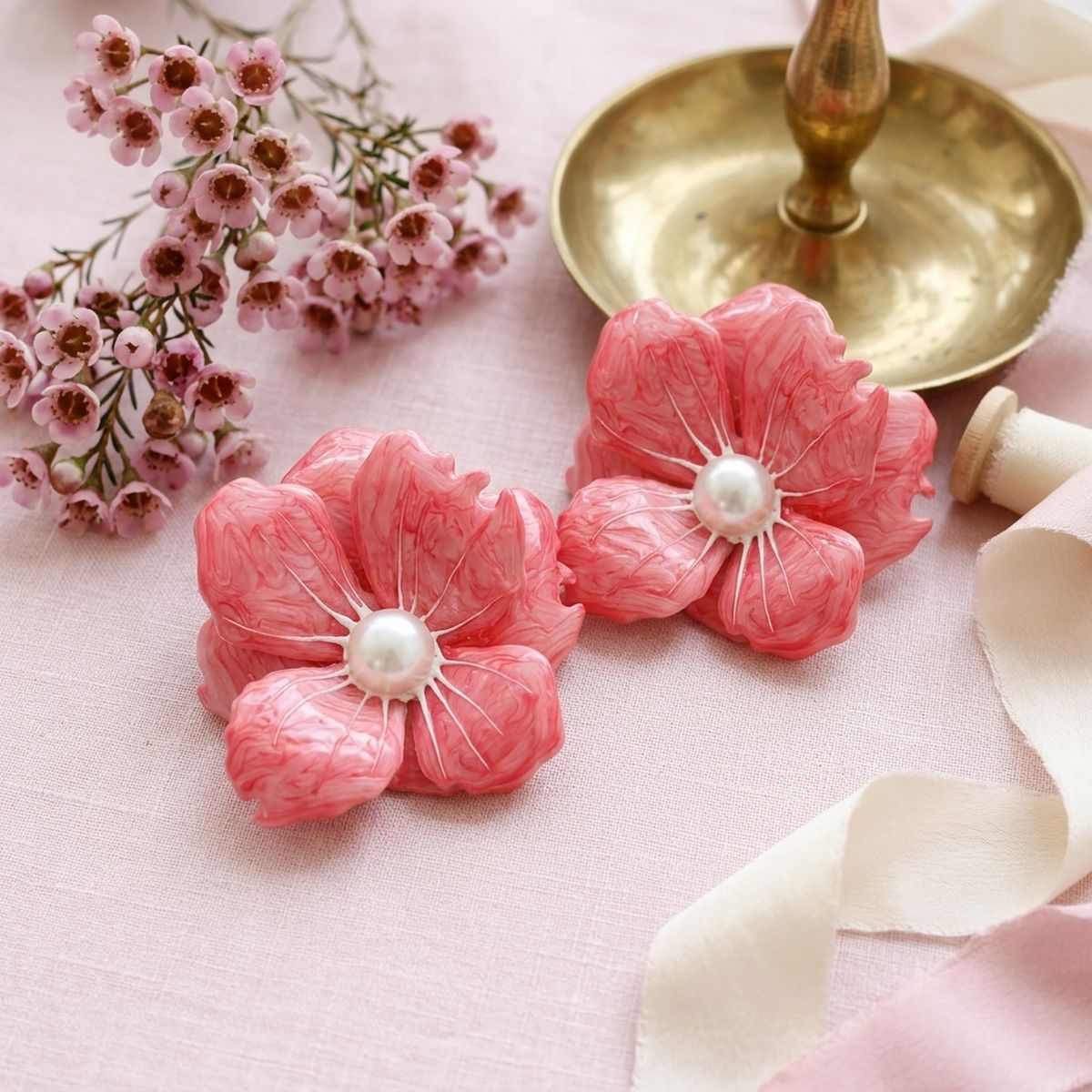 Pink Oversized Stud Painted Petal Flower Earrings