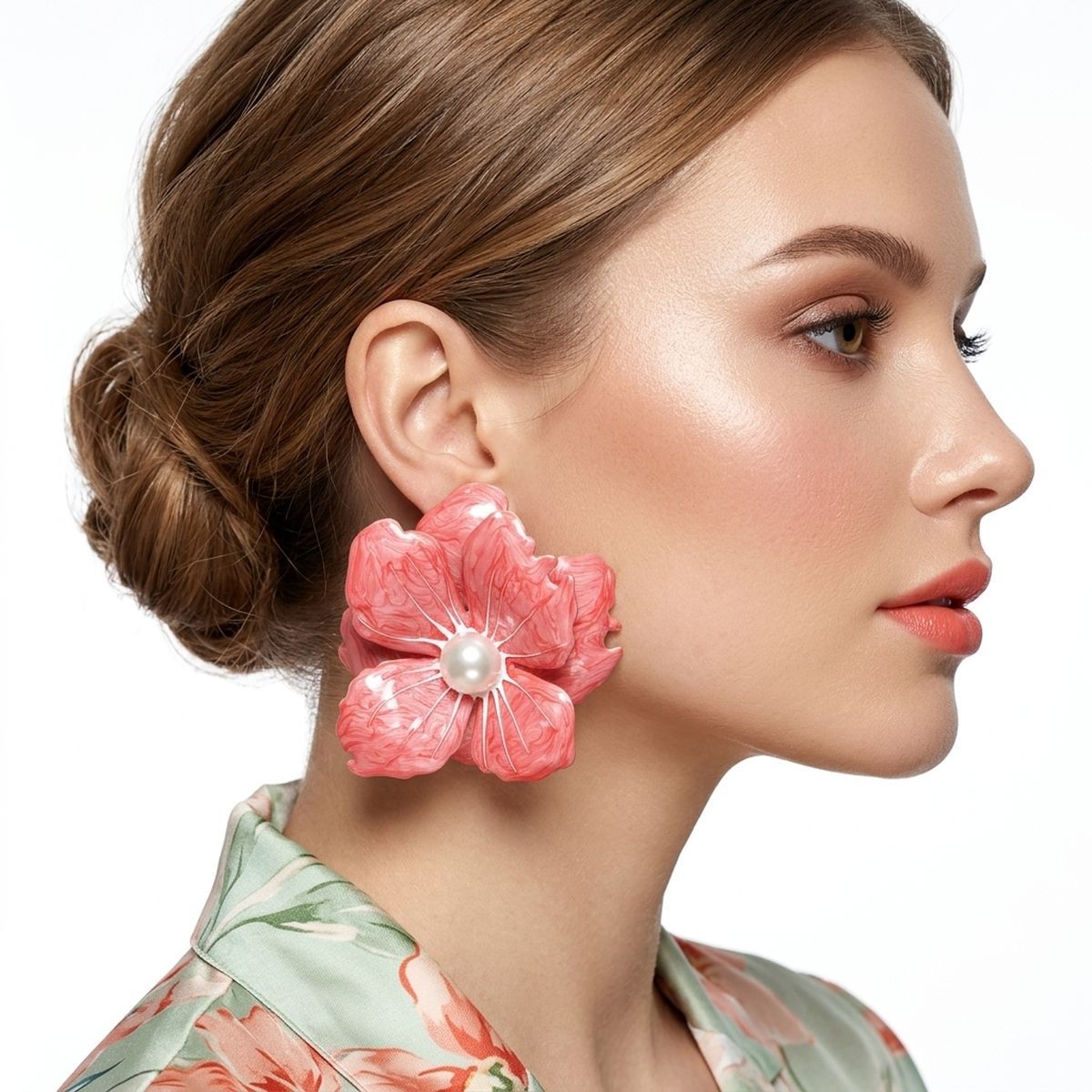 Pink Oversized Stud Painted Petal Flower Earrings