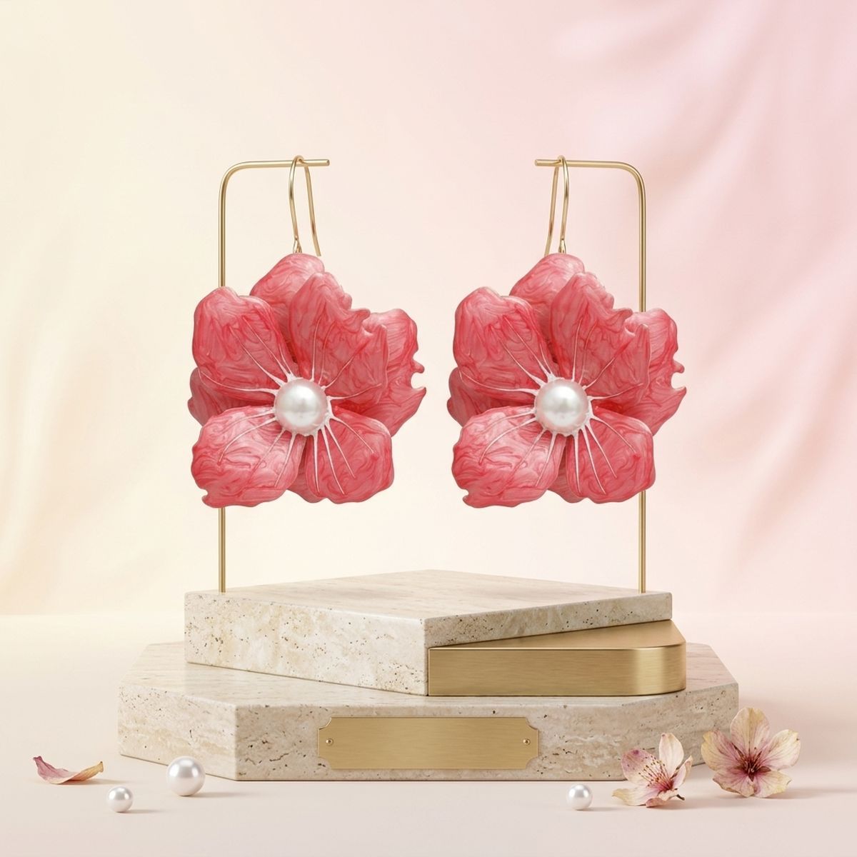 Pink Oversized Stud Painted Petal Flower Earrings