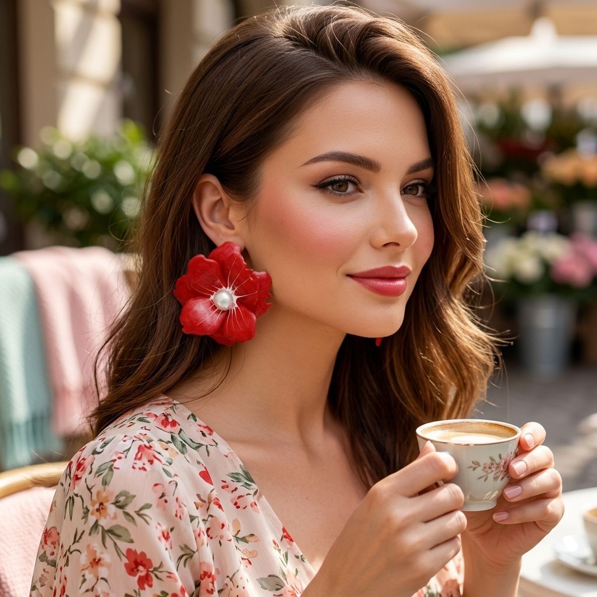 Red Oversized Stud Painted Petal Flower Earrings