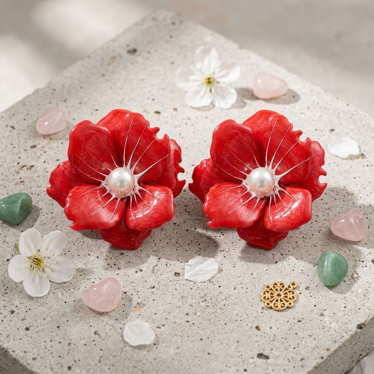 Red Oversized Stud Painted Petal Flower Earrings