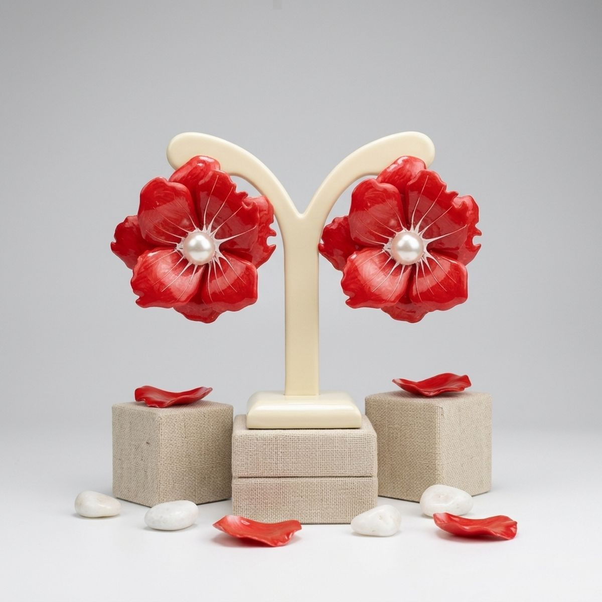 Red Oversized Stud Painted Petal Flower Earrings