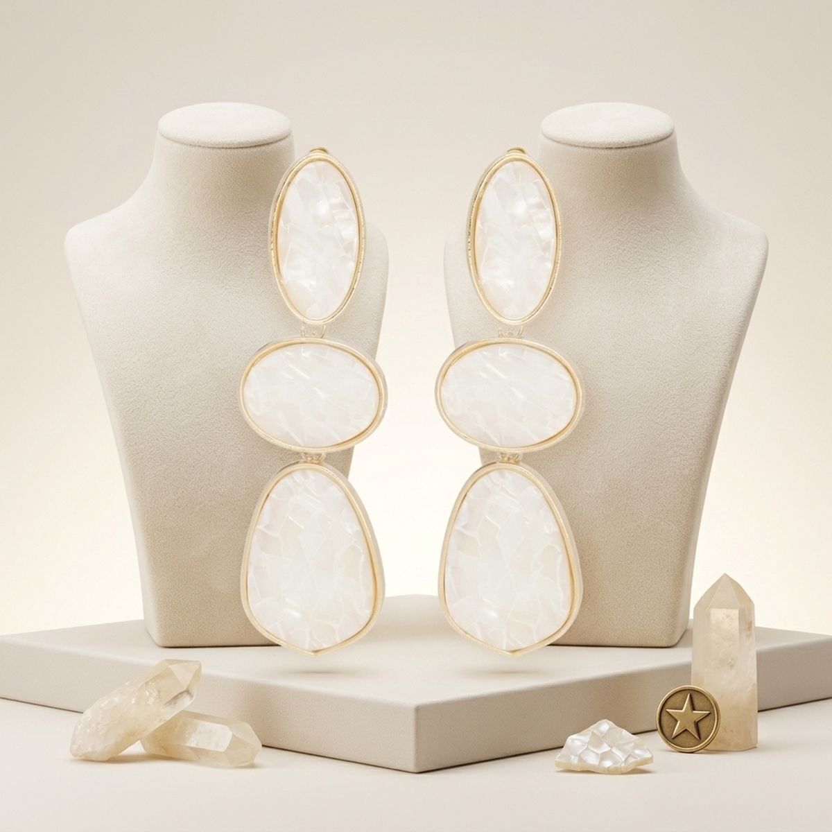 3 Tier Drop Ivory Mosaic Gold Geometric Earrings