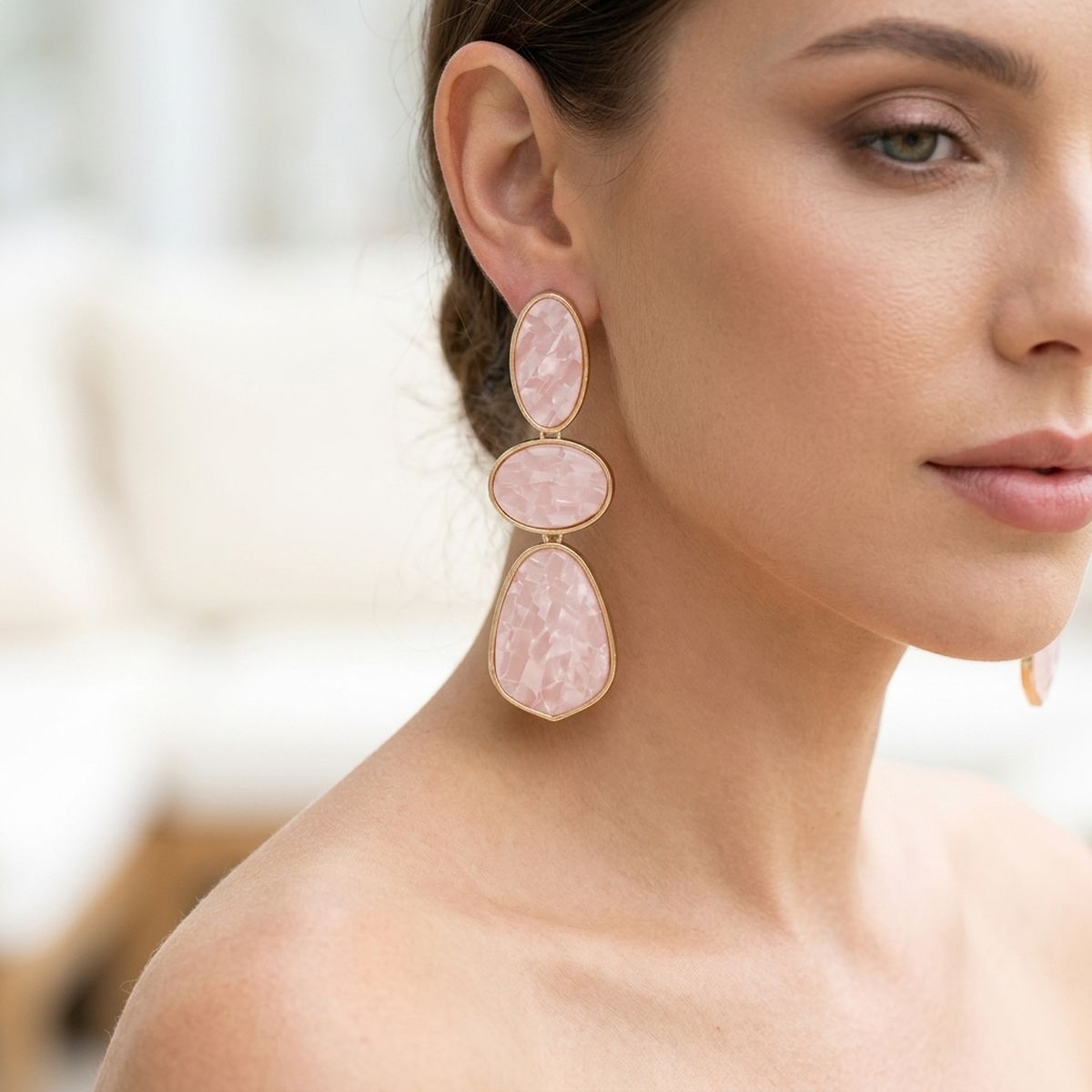 3 Tier Drop Pink Mosaic Gold Geometric Earrings