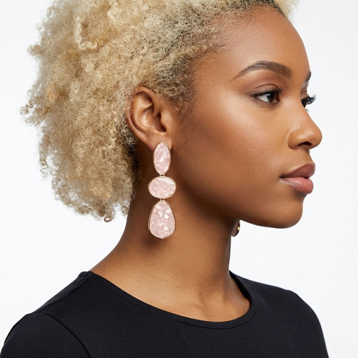 3 Tier Drop Pink Mosaic Gold Geometric Earrings