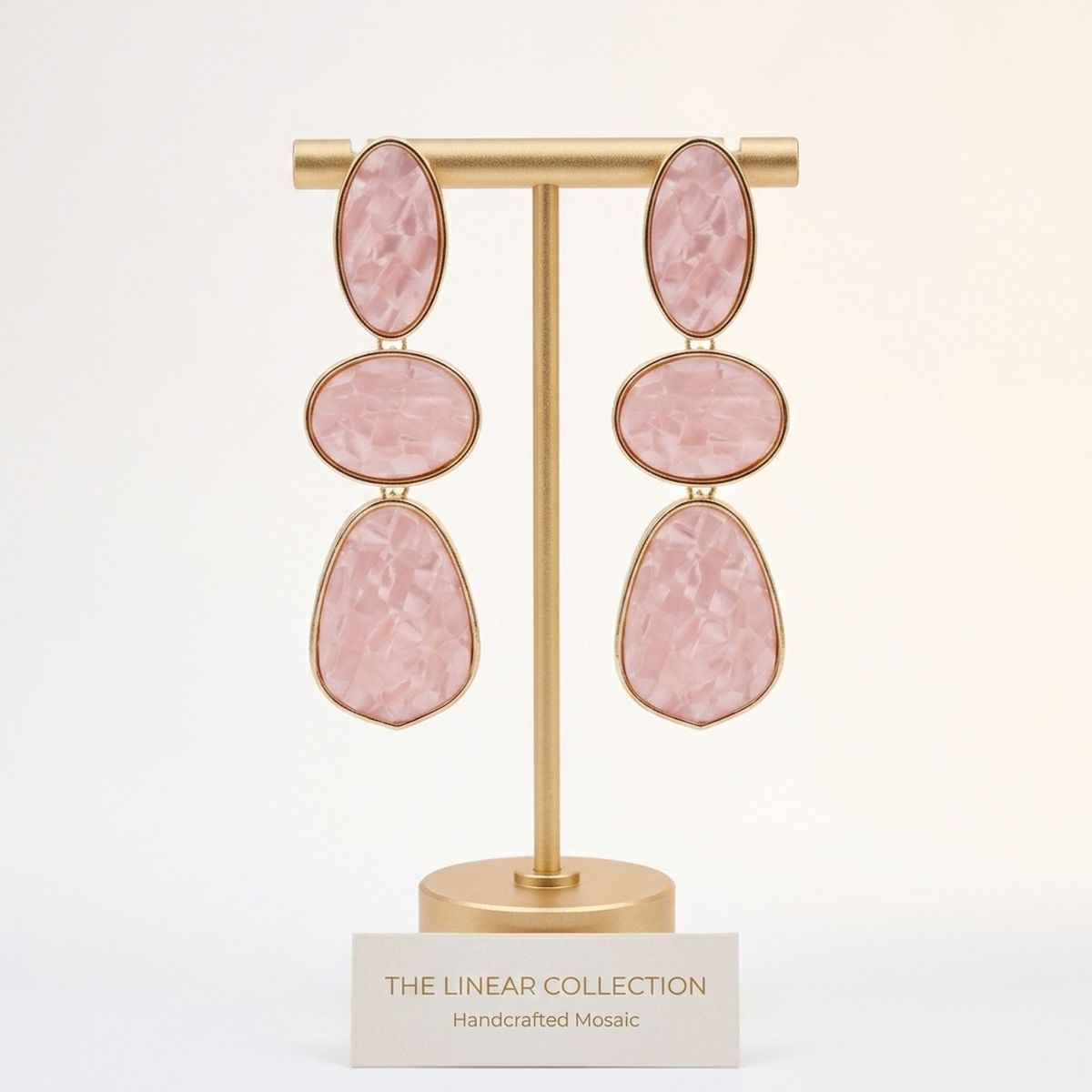 3 Tier Drop Pink Mosaic Gold Geometric Earrings