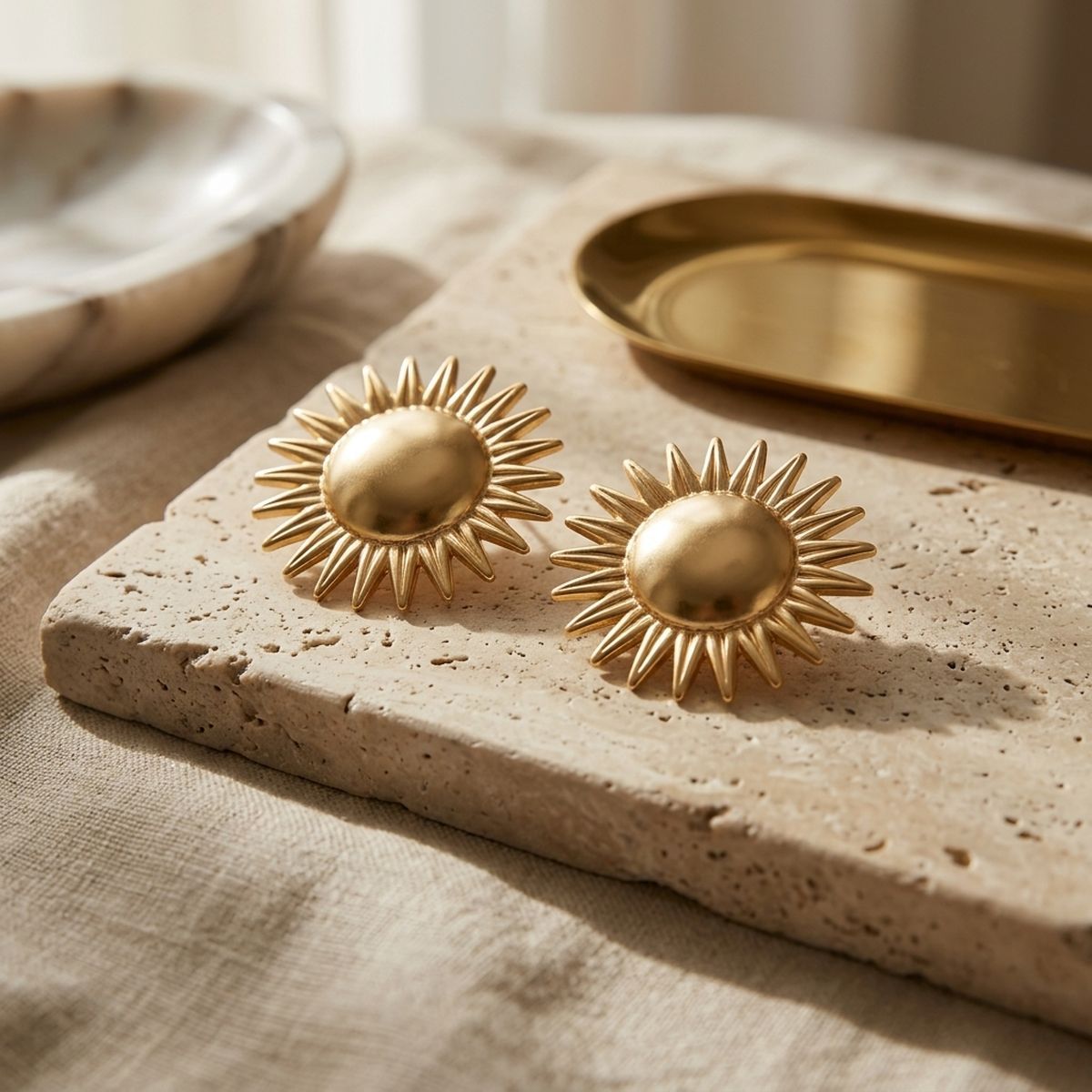 Stud Brushed Gold Domed Sun and Rays Earrings