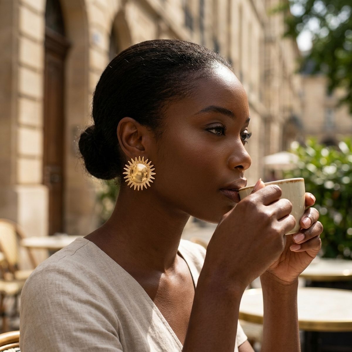 Stud Brushed Gold Domed Sun and Rays Earrings