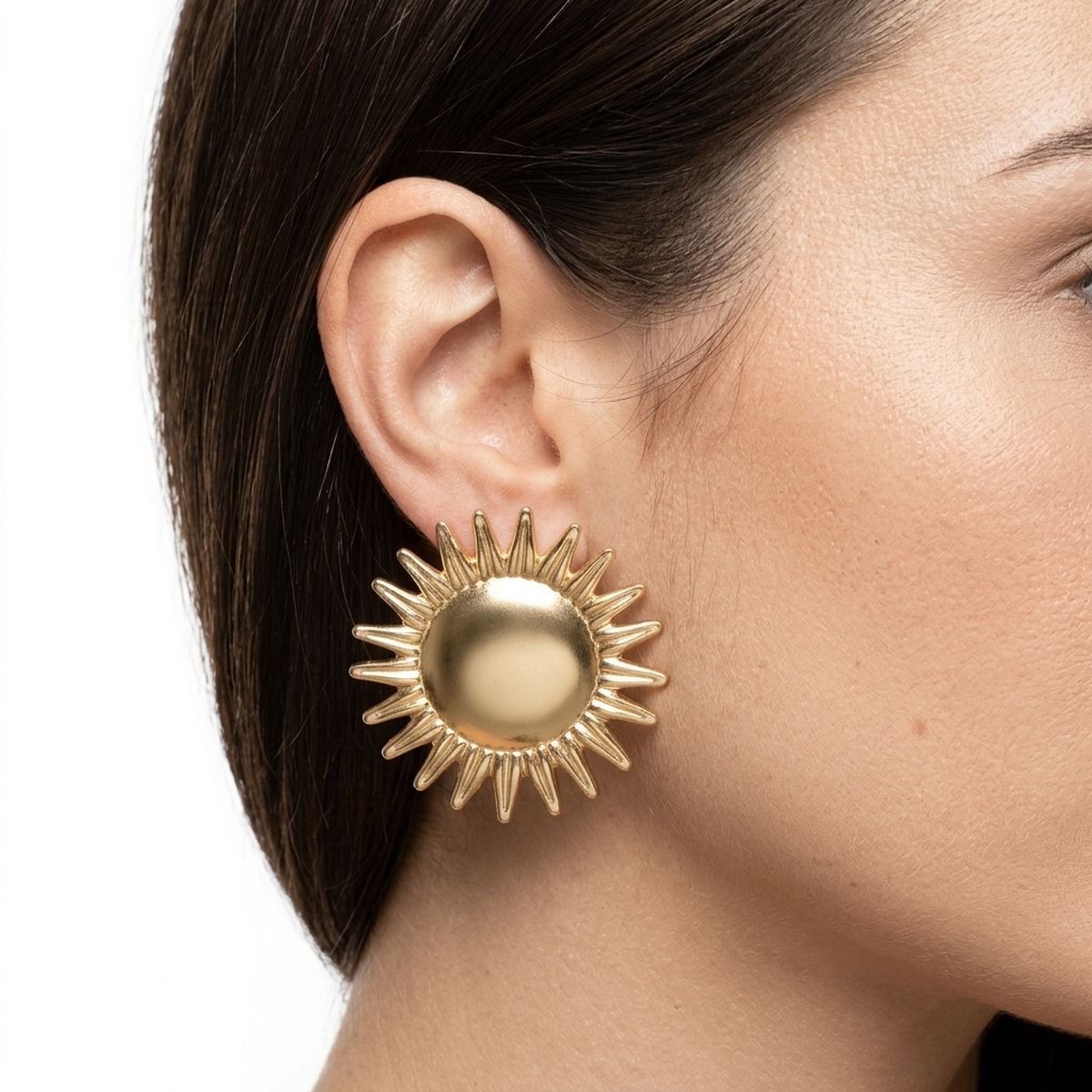 Stud Brushed Gold Domed Sun and Rays Earrings