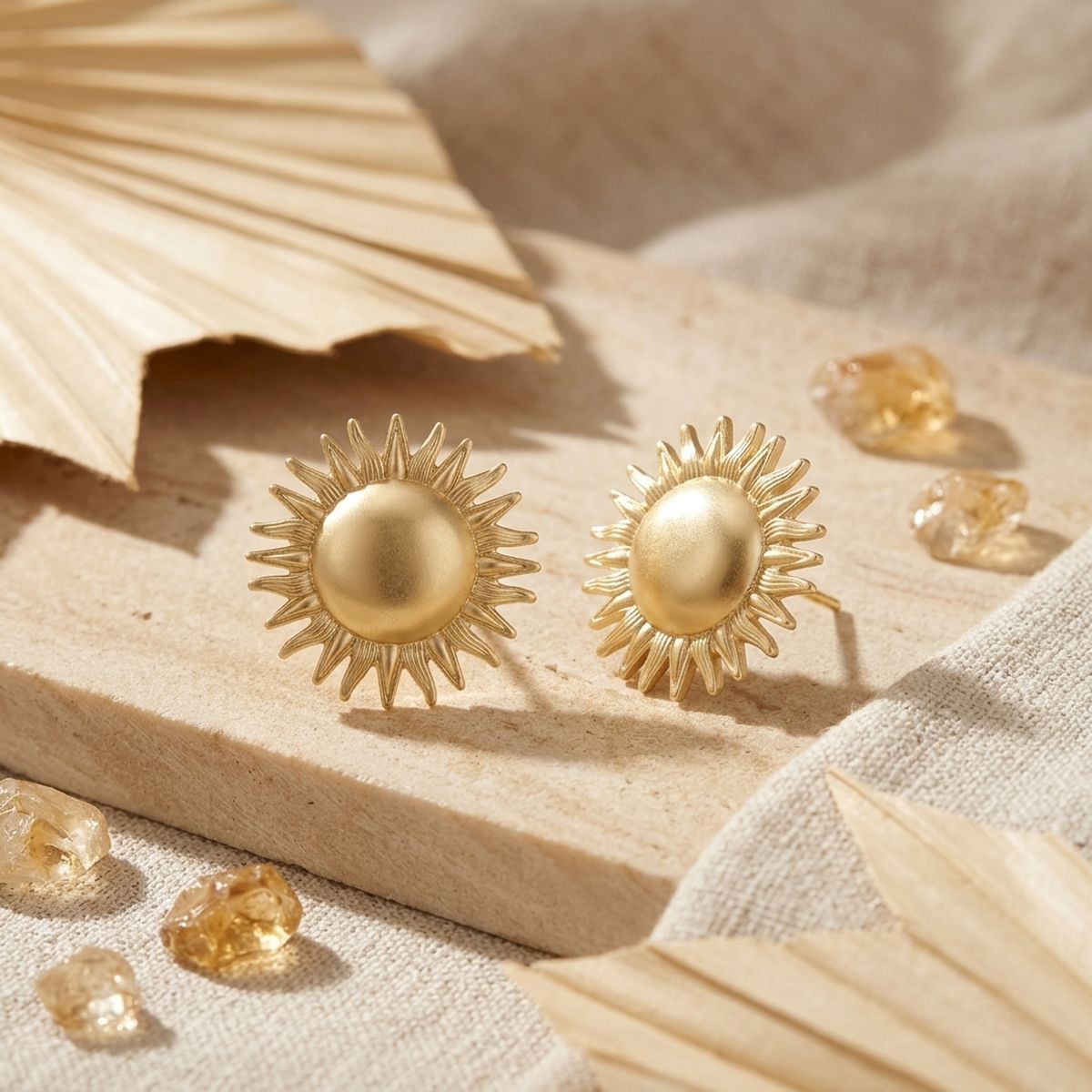 Stud Brushed Gold Domed Sun and Rays Earrings