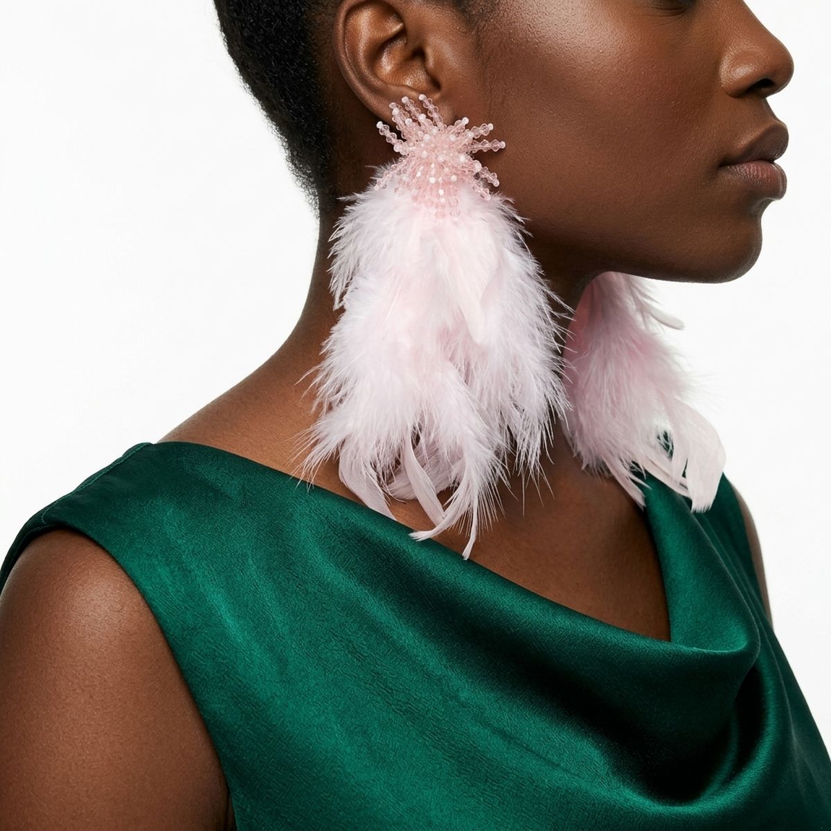 Pink Beaded Cluster Long Feather Drop Earrings