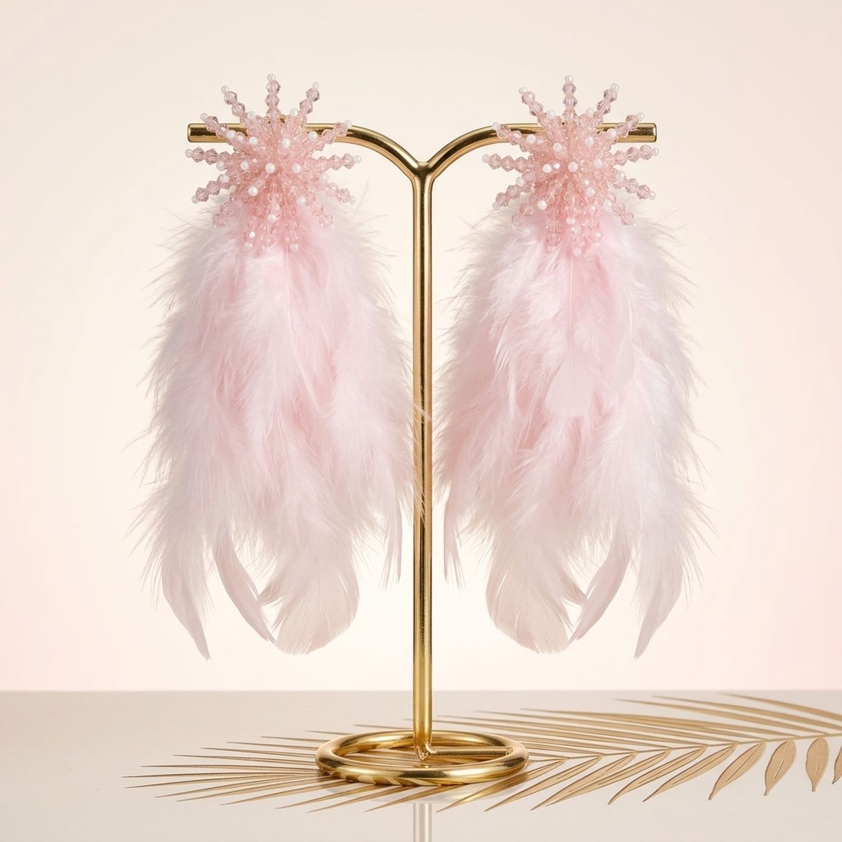 Pink Beaded Cluster Long Feather Drop Earrings
